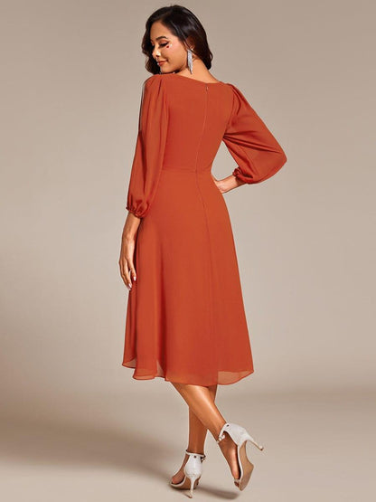 ever AELINA|Long Sleeves Waist Applique A-Line Midi Chiffon Wedding Guest Dress