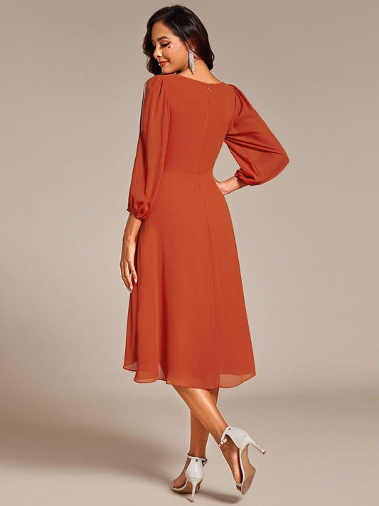 ever AELINA|Long Sleeves Waist Applique A-Line Midi Chiffon Wedding Guest Dress
