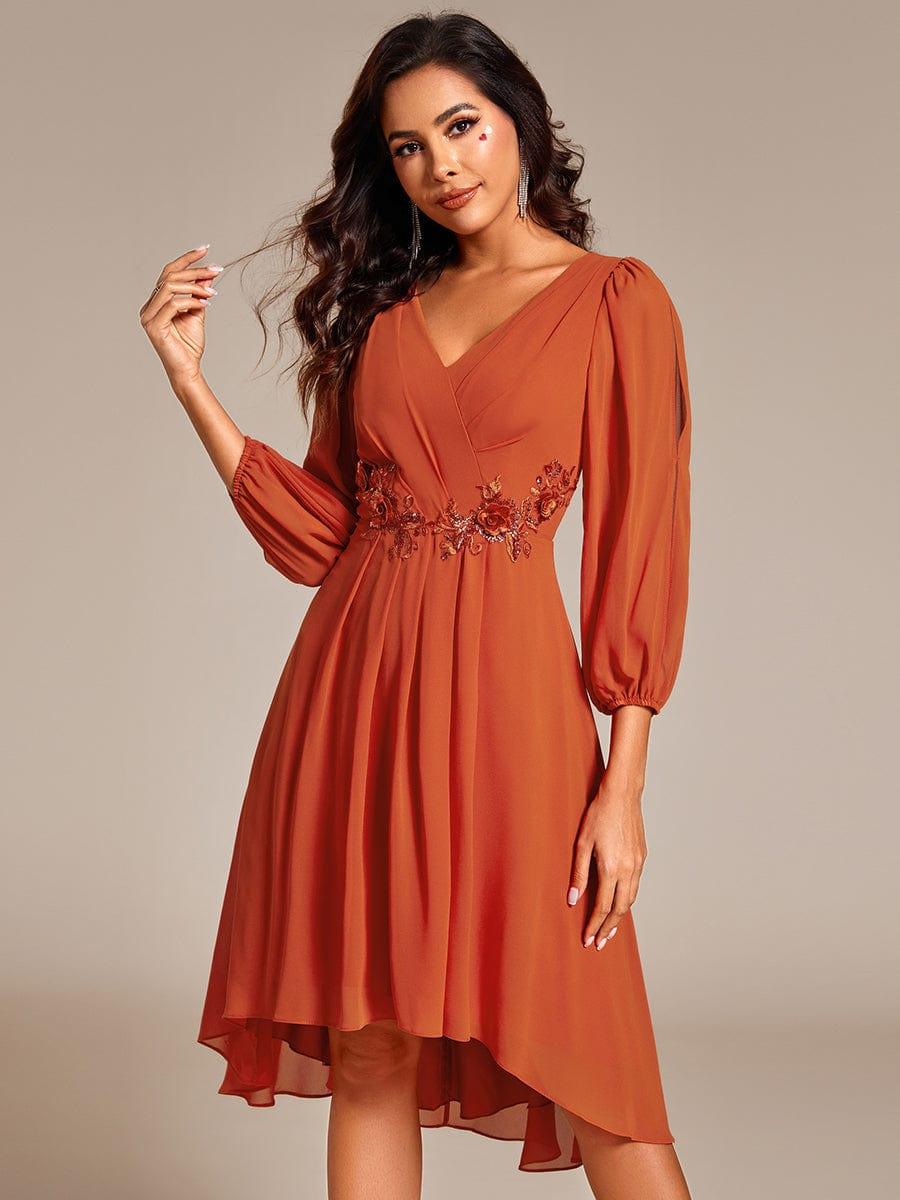 ever AELINA|Long Sleeves Waist Applique A-Line Midi Chiffon Wedding Guest Dress