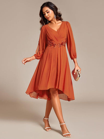 ever AELINA|Long Sleeves Waist Applique A-Line Midi Chiffon Wedding Guest Dress