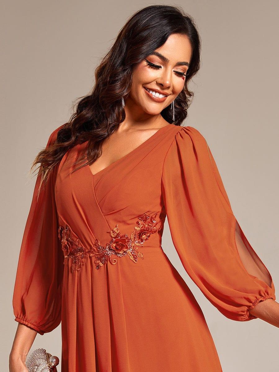 ever AELINA|Long Sleeves Waist Applique A-Line Midi Chiffon Wedding Guest Dress