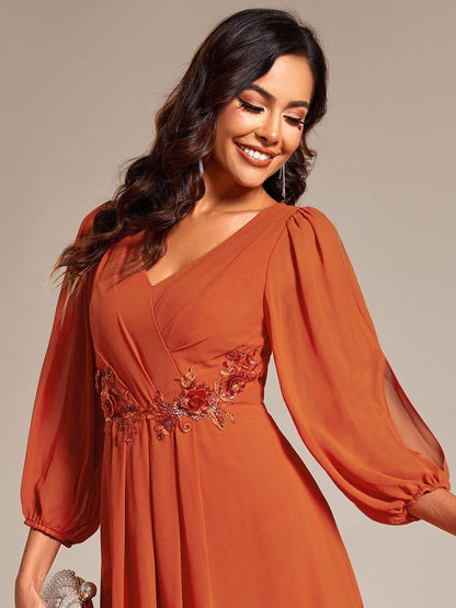 ever AELINA|Long Sleeves Waist Applique A-Line Midi Chiffon Wedding Guest Dress