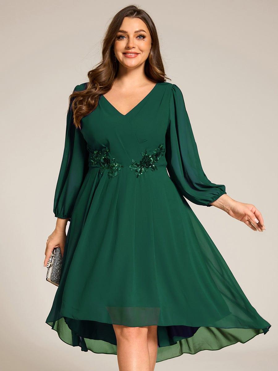 ever AELINA|Long Sleeves Waist Applique A-Line Midi Chiffon Wedding Guest Dress