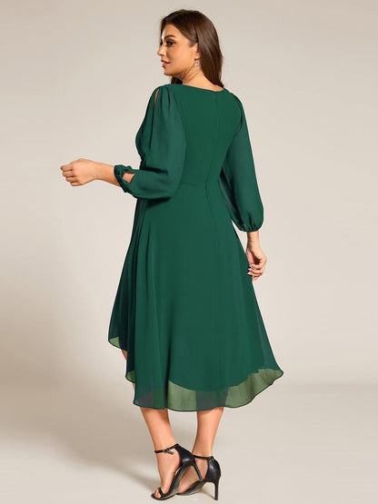 pretty AELINA|Plus Size Flowy Long Sleeves V-Neck Waist Applique Midi Chiffon Wedding Guest Dress