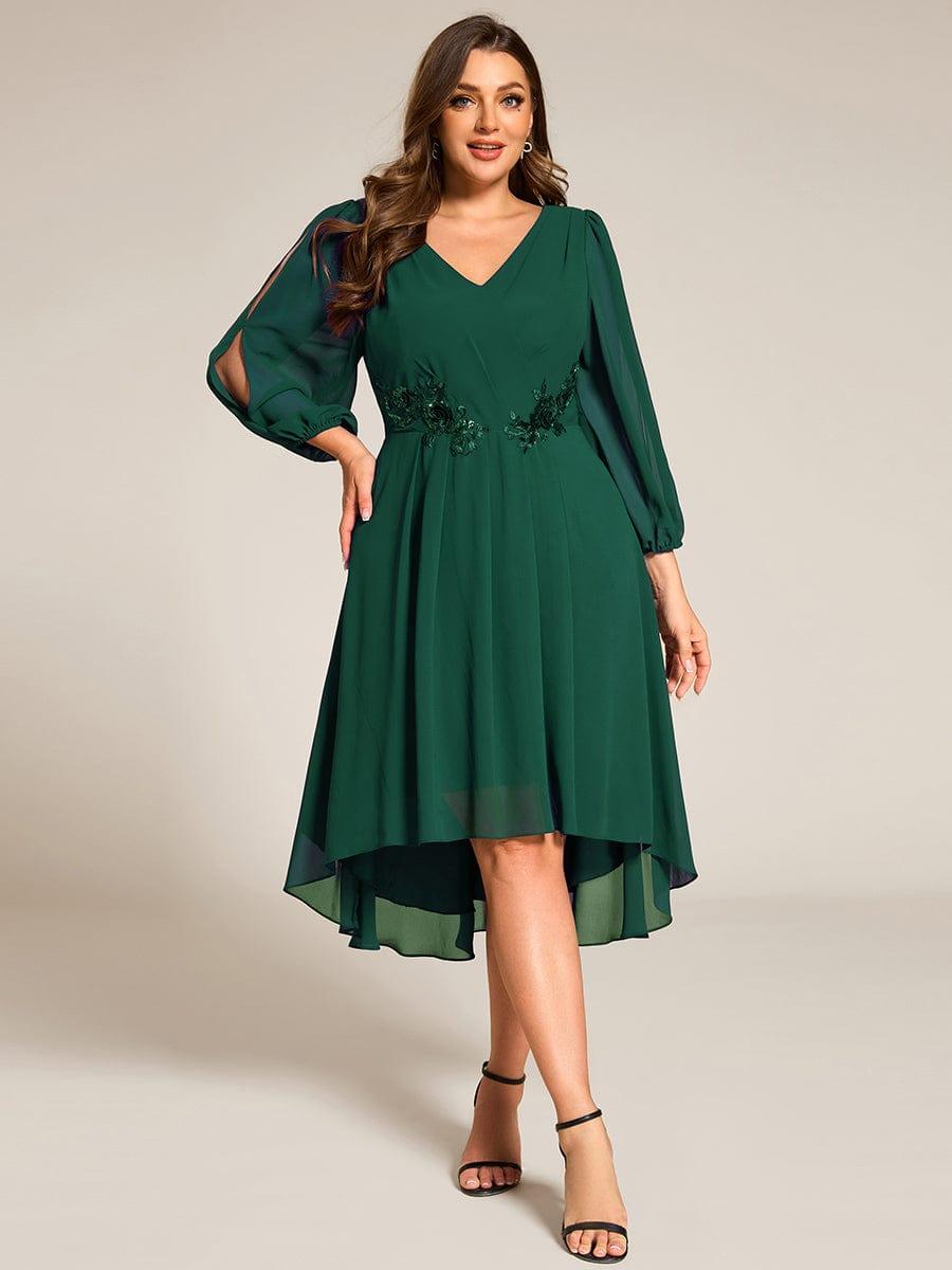 ever AELINA|Long Sleeves Waist Applique A-Line Midi Chiffon Wedding Guest Dress