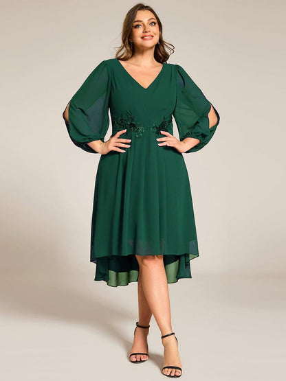 pretty AELINA|Plus Size Flowy Long Sleeves V-Neck Waist Applique Midi Chiffon Wedding Guest Dress