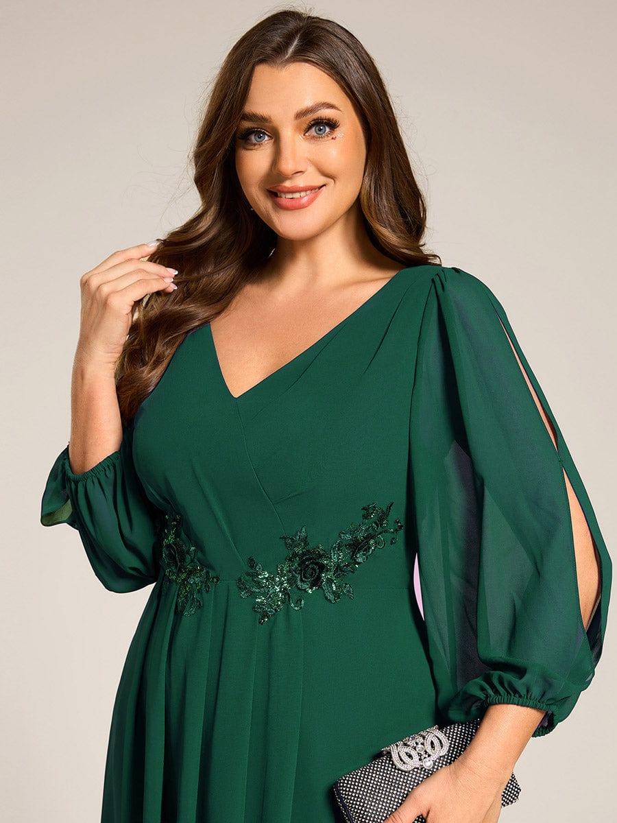 ever AELINA|Long Sleeves Waist Applique A-Line Midi Chiffon Wedding Guest Dress
