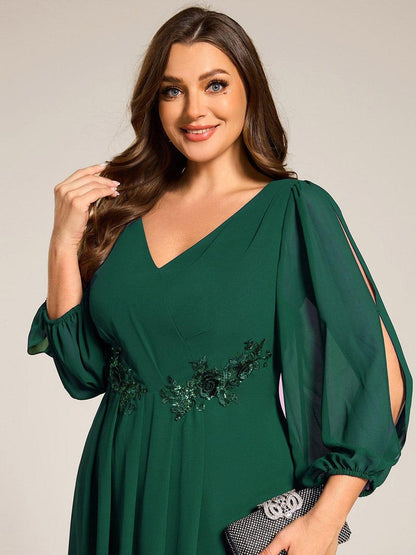 ever AELINA|Long Sleeves Waist Applique A-Line Midi Chiffon Wedding Guest Dress