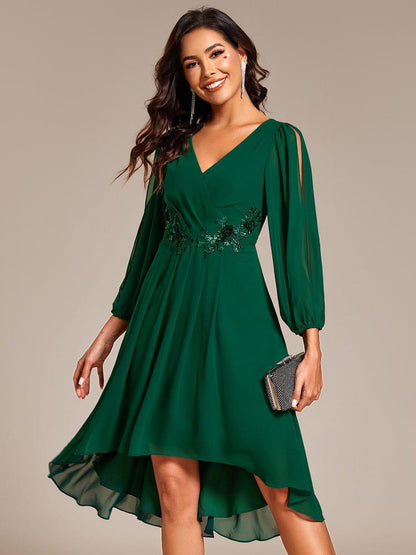ever AELINA|Long Sleeves Waist Applique A-Line Midi Chiffon Wedding Guest Dress