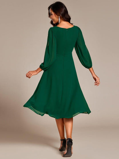 ever AELINA|Long Sleeves Waist Applique A-Line Midi Chiffon Wedding Guest Dress