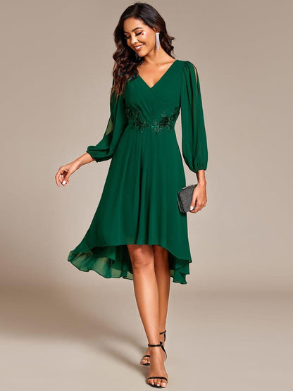 ever AELINA|Long Sleeves Waist Applique A-Line Midi Chiffon Wedding Guest Dress
