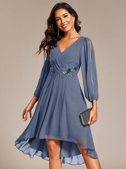 ever AELINA|Long Sleeves Waist Applique A-Line Midi Chiffon Wedding Guest Dress