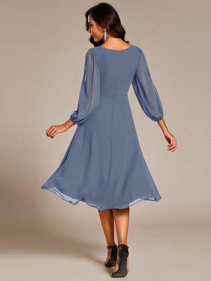 ever AELINA|Long Sleeves Waist Applique A-Line Midi Chiffon Wedding Guest Dress