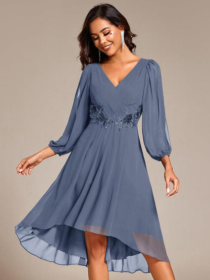 ever AELINA|Long Sleeves Waist Applique A-Line Midi Chiffon Wedding Guest Dress