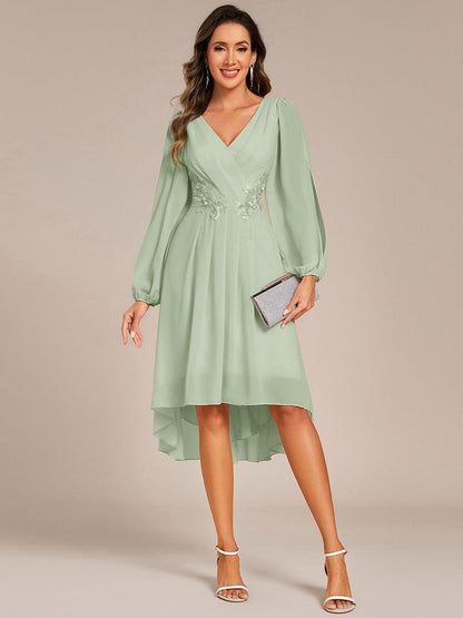 ever AELINA|Long Sleeves Waist Applique A-Line Midi Chiffon Wedding Guest Dress
