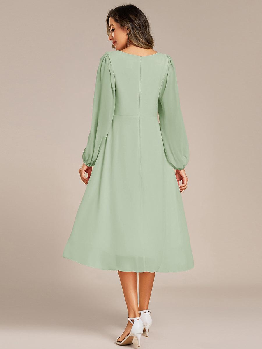 ever AELINA|Long Sleeves Waist Applique A-Line Midi Chiffon Wedding Guest Dress