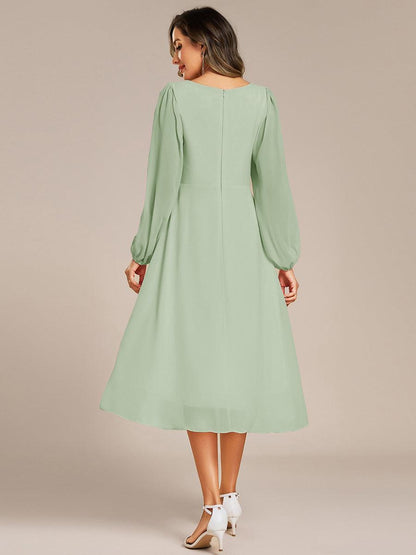 ever AELINA|Long Sleeves Waist Applique A-Line Midi Chiffon Wedding Guest Dress