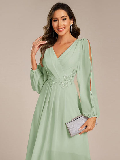ever AELINA|Long Sleeves Waist Applique A-Line Midi Chiffon Wedding Guest Dress