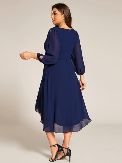 pretty AELINA|Plus Size Flowy Long Sleeves V-Neck Waist Applique Midi Chiffon Wedding Guest Dress