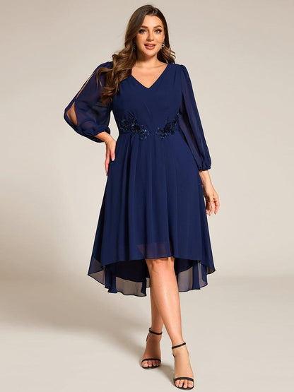 ever AELINA|Long Sleeves Waist Applique A-Line Midi Chiffon Wedding Guest Dress