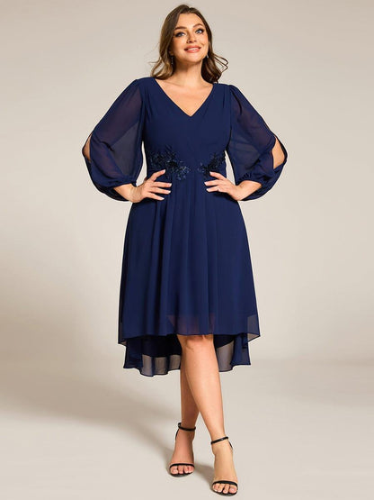 pretty AELINA|Plus Size Flowy Long Sleeves V-Neck Waist Applique Midi Chiffon Wedding Guest Dress