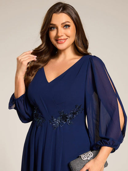 ever AELINA|Long Sleeves Waist Applique A-Line Midi Chiffon Wedding Guest Dress