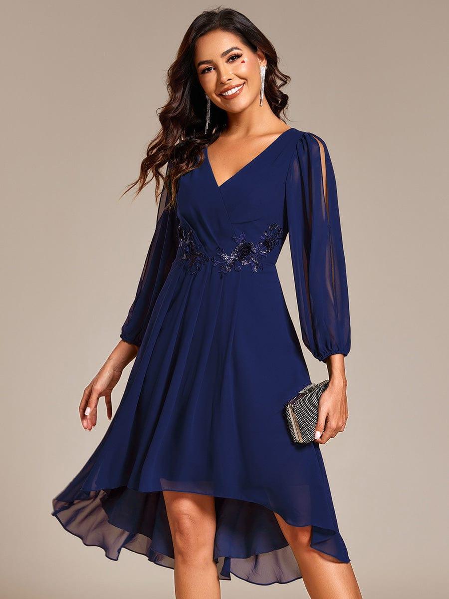 ever AELINA|Long Sleeves Waist Applique A-Line Midi Chiffon Wedding Guest Dress