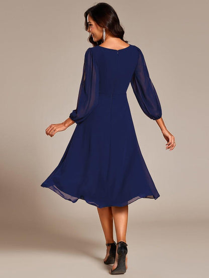 ever AELINA|Long Sleeves Waist Applique A-Line Midi Chiffon Wedding Guest Dress