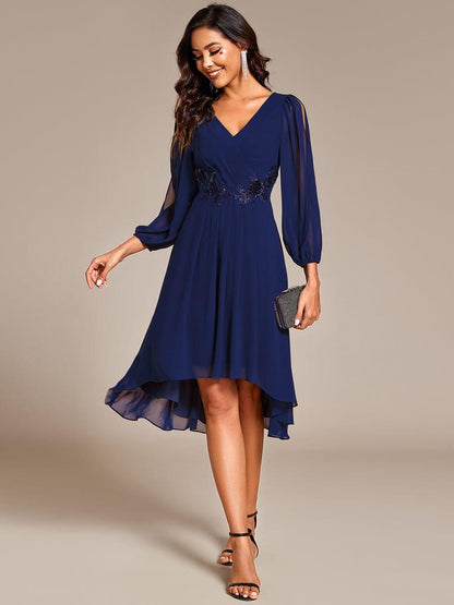 ever AELINA|Long Sleeves Waist Applique A-Line Midi Chiffon Wedding Guest Dress