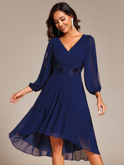 ever AELINA|Long Sleeves Waist Applique A-Line Midi Chiffon Wedding Guest Dress