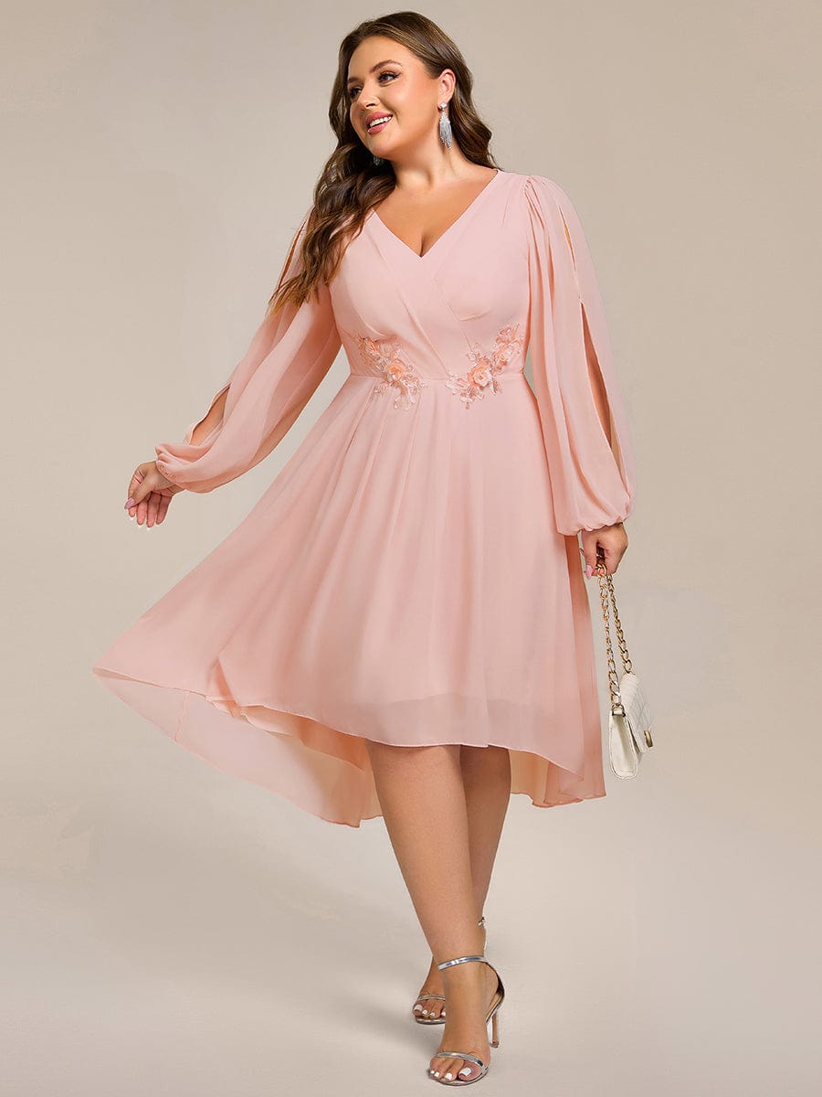 ever AELINA|Long Sleeves Waist Applique A-Line Midi Chiffon Wedding Guest Dress