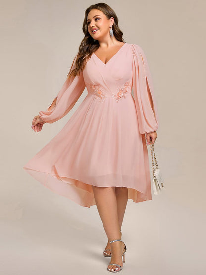 ever AELINA|Long Sleeves Waist Applique A-Line Midi Chiffon Wedding Guest Dress