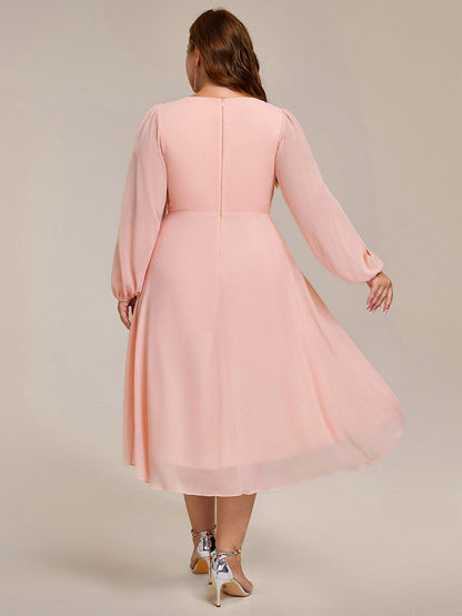 pretty AELINA|Plus Size Flowy Long Sleeves V-Neck Waist Applique Midi Chiffon Wedding Guest Dress