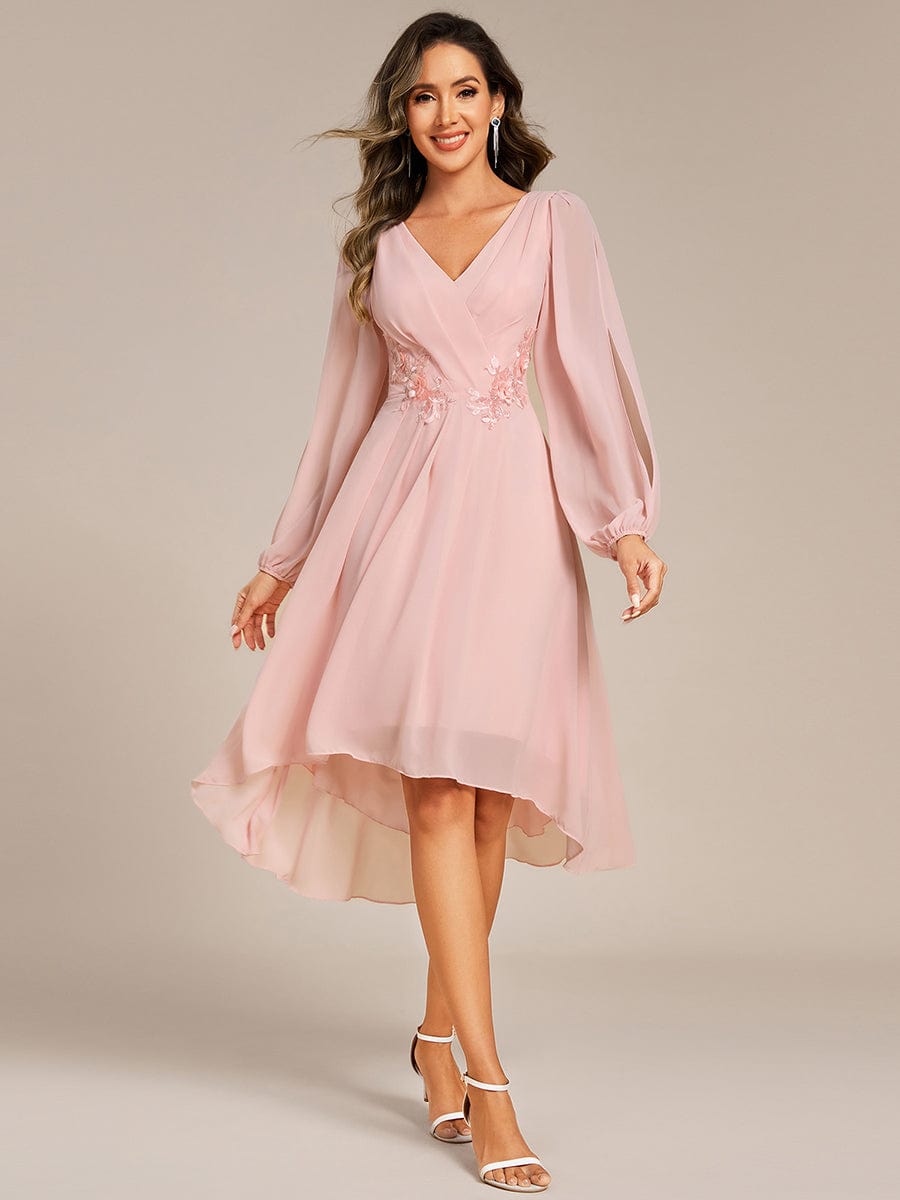 ever AELINA|Long Sleeves Waist Applique A-Line Midi Chiffon Wedding Guest Dress