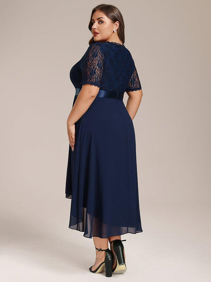 pretty JOLEN|Plus Size Half Sleeve Lace Pleated V-Neck Midi Wedding Guest Dress
