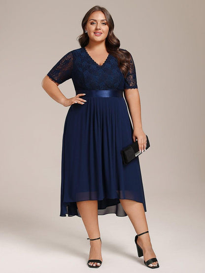 pretty JOLEN|Plus Size Half Sleeve Lace Pleated V-Neck Midi Wedding Guest Dress
