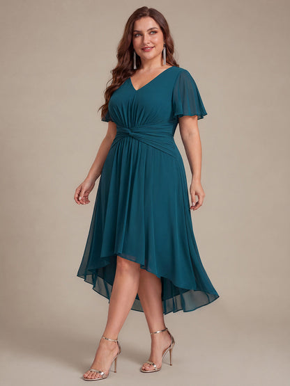 Plus Size Chiffon Ruffle Sleeve High Low Wedding Guest Dress