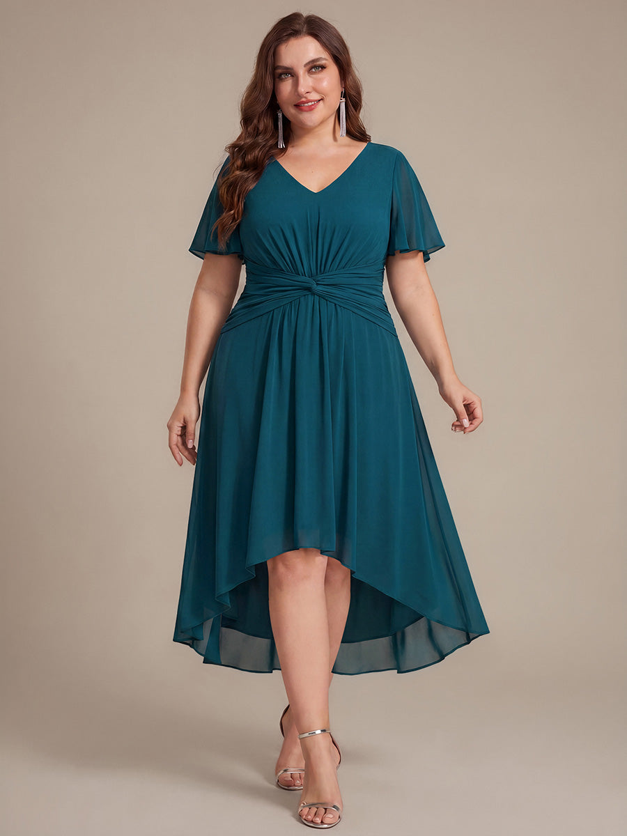 Plus Size Chiffon Ruffle Sleeve High Low Wedding Guest Dress