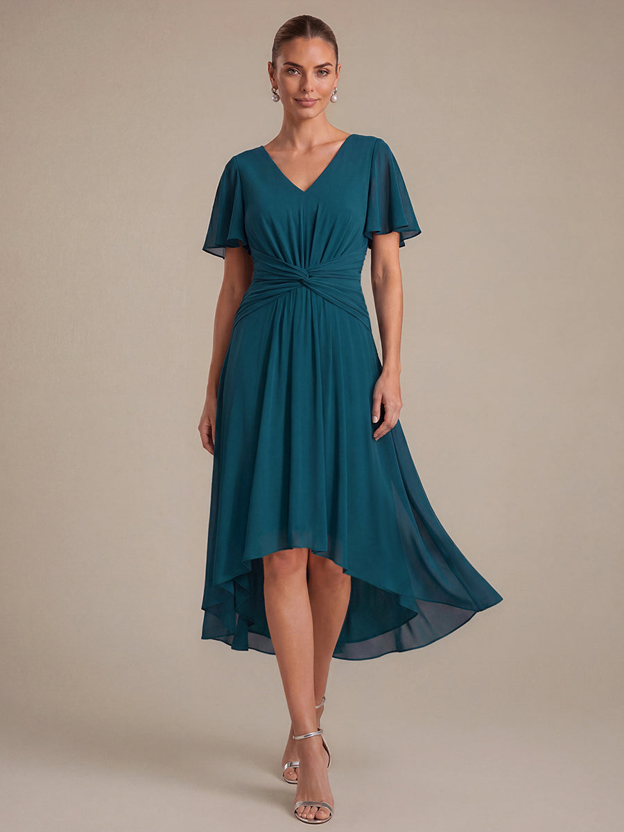 Knot Detail Chiffon Ruffle Sleeve Wedding Guest Dress