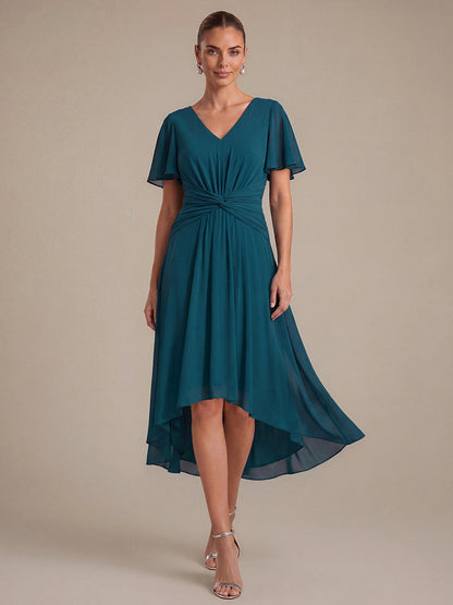 Knot Detail Chiffon Ruffle Sleeve Wedding Guest Dress