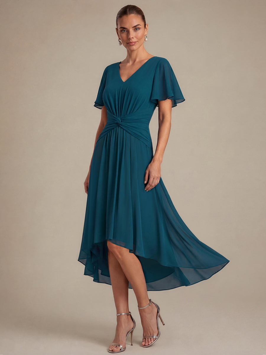 Knot Detail Chiffon Ruffle Sleeve Wedding Guest Dress