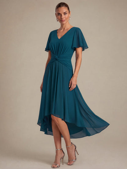 Knot Detail Chiffon Ruffle Sleeve Wedding Guest Dress