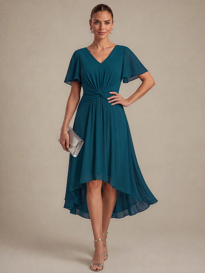 Knot Detail Chiffon Ruffle Sleeve Wedding Guest Dress