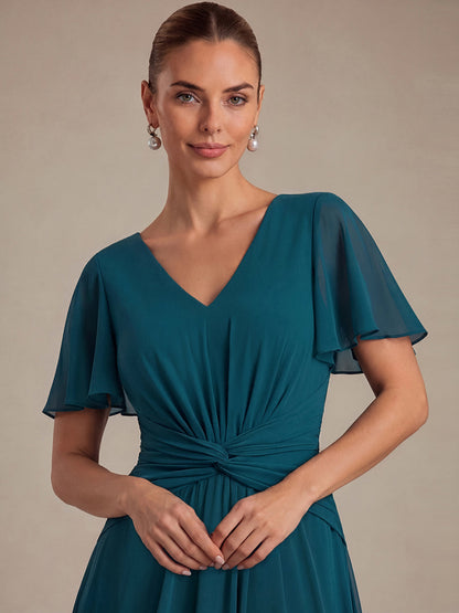 Knot Detail Chiffon Ruffle Sleeve Wedding Guest Dress