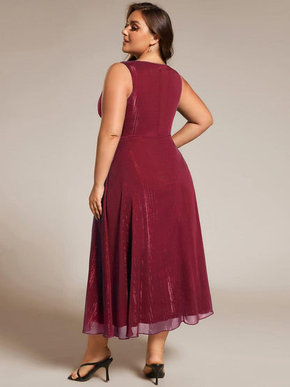 ever MEI|Glitter Sleeveless A-Line Midi Wedding Guest Dress with Ruffled Hem