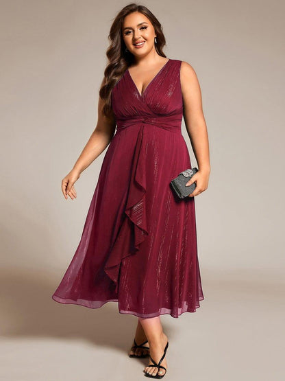 ever MEI|Glitter Sleeveless A-Line Midi Wedding Guest Dress with Ruffled Hem