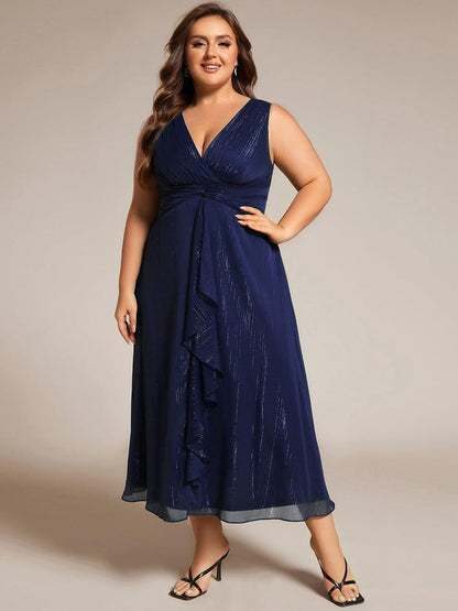 ever MEI|Glitter Sleeveless A-Line Midi Wedding Guest Dress with Ruffled Hem