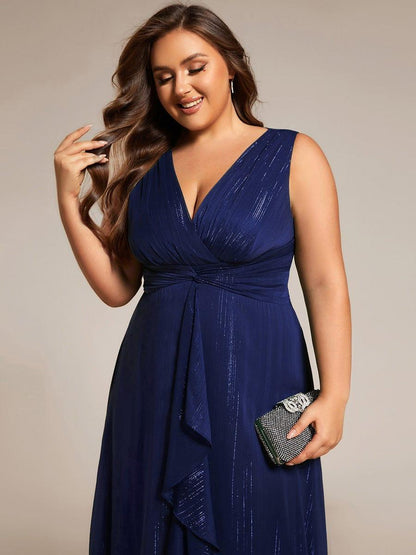 ever MEI|Glitter Sleeveless A-Line Midi Wedding Guest Dress with Ruffled Hem