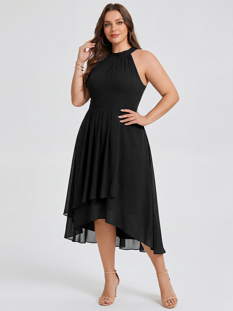 ever POSIE|Midi Halter Neck Chiffon Wedding Guest Dress with Sleeveless and A-Line