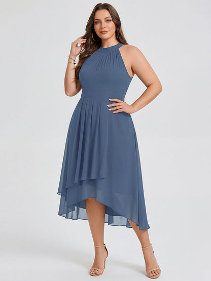 pretty POSIE|Flowy Plus Size Halter Neck Chiffon Midi Wedding Guest Dress